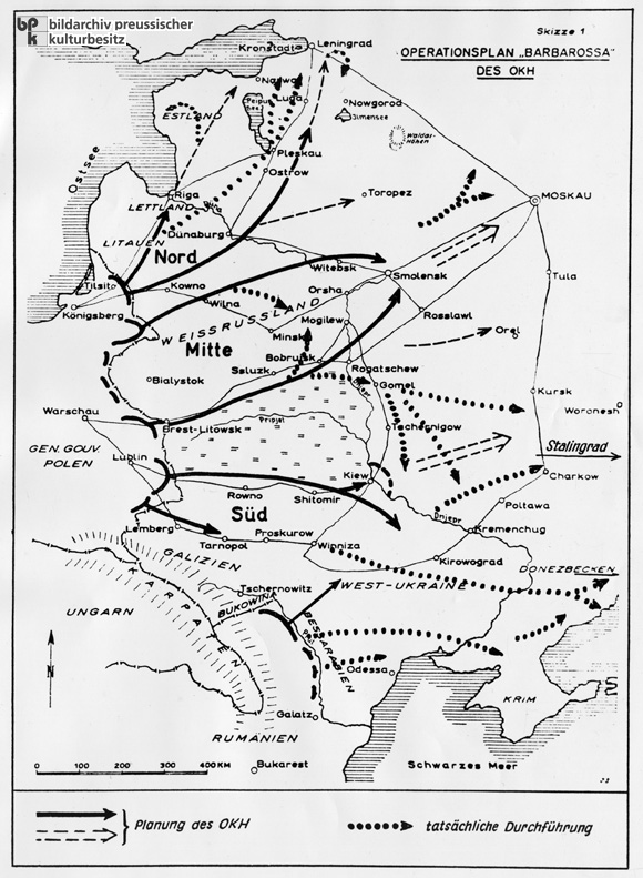 Operationsplan Barbarossa des OKH: Kartographische Darstellung der Planung und der tatsächlichen Durchführung (1941)